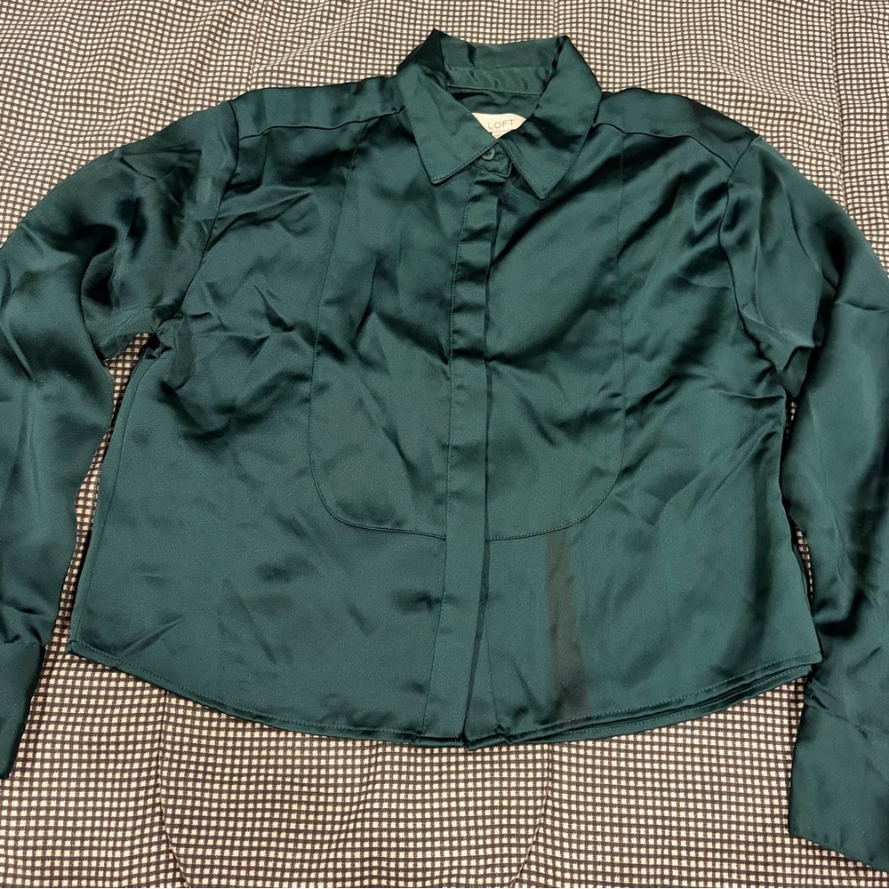 LOFT Deep Emerald Satin Button-Front Blouse